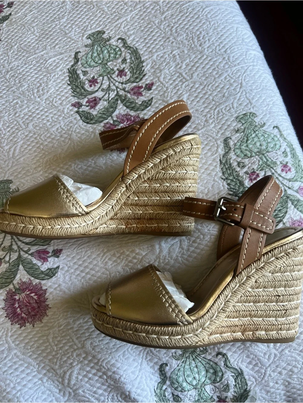 Prada Metallic Gold and Tan Leather Wedge Sandals